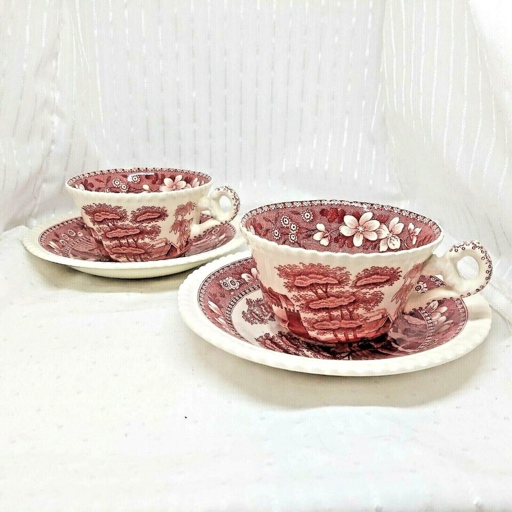 Spode Pink Tower Cup & Saucer Sets x 2  Copeland England Red Transferware VTG